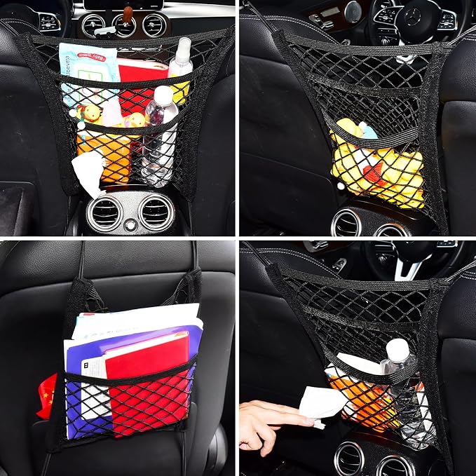 3-Layer Car Mesh 11.8" x 10.6" Organizer Between Front Seats | Kid Dog Pet Net Barrier Car Net Pocket Elastic Tissue Purse Holder Netting For Midsize SUV, Van