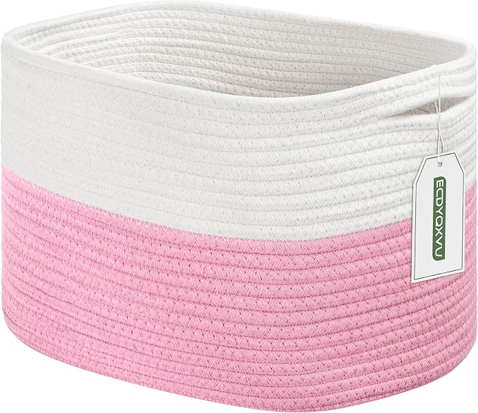 ECDYQXVU 15x10x9 Inch Woven Cotton Rope Storage Basket, 1 Pack | Foldable Design, Built-in Handles, Space-saving Organizer for Living Room, Bedroom, Laundry, Shelves, Clothes, Towels