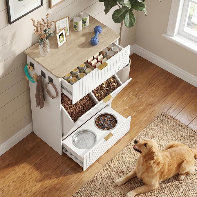 Dog Feeding Station Cabinet, Elevated Bowls with Slow Feeder Insert, White | Slow Feeder Insert, Large food bin, Removable Divider, 3 Side Hooks, Pull-Out Drawer, Easy to Clean for Small & Middle Dogs