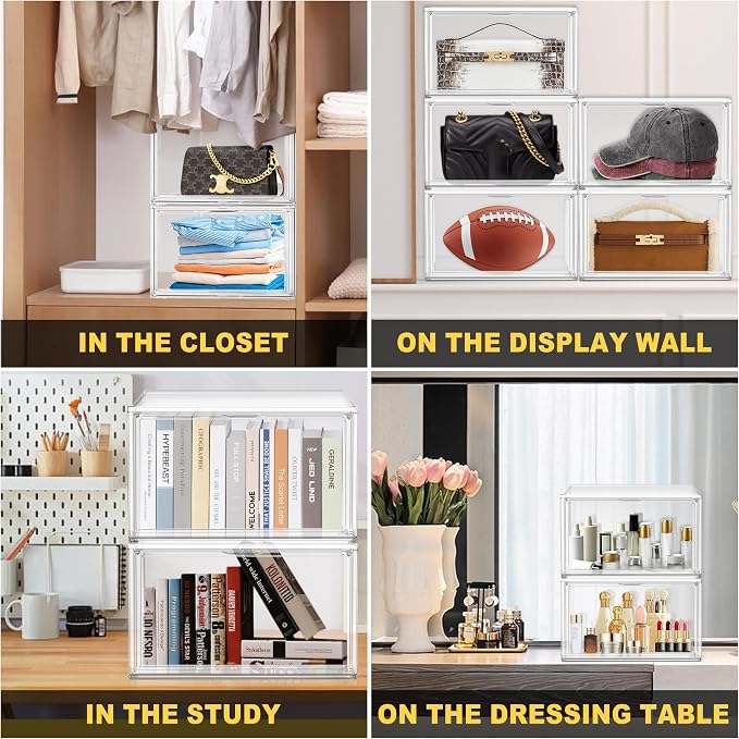 12 Pack Clear Shoe Boxes Plastic Stackable ‌Shoe Cabinet‌,Size 12.5 | Acrylic Magnetic Lids Drop Side Sneaker Display Case for Closet, Entryway, Fits Men's or Women's Shoes up to Size 12.5