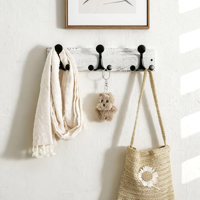 SKOLOO 17-Inch Wood Coat Rack Wall Mount with 3 Triple Hooks - Ideal for Family Entrances, Classrooms, and Pet Supplies Storage - Perfect Coat Hooks for Wall,Distressed White Wash, Pack of 2
