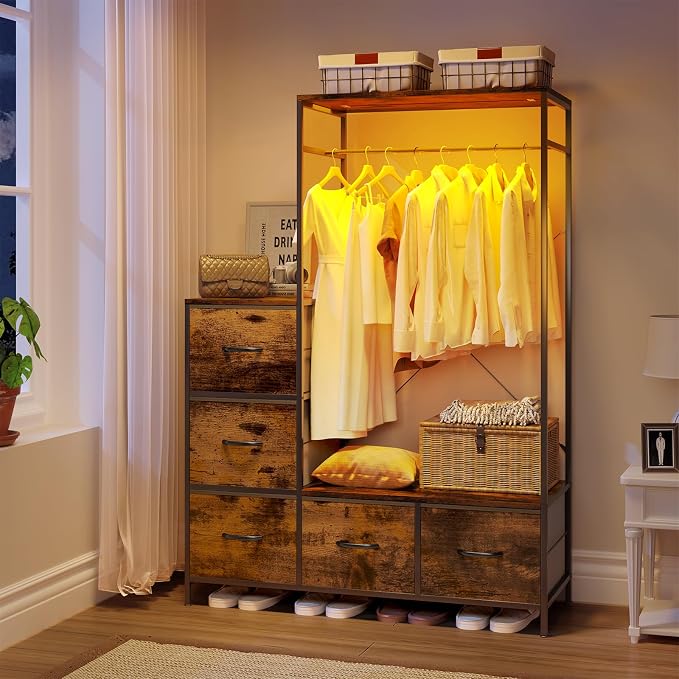 Clothing Rack with 5 Fabric Drawers & LED, 39.4" W×57" H Dresser with Hanging Rack, Free Standing Wardrobe Closet with Shelves, Closet Organizer for Bedroom, Small Space, Apartment, Brown
