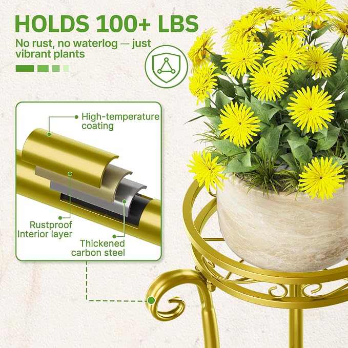 KMOTASUO 3 Tier Metal Plant Stand Tall for Indoor Outdoor Corner, Gold | Heavy Duty Flower Holder Rack, Modern Vertical Iron Shelf for Patio Bathroom Office Garden