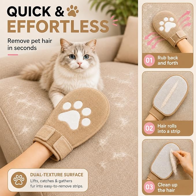 Paw Shape Pet Hair Remover Glove & Fur Storage Bag Set for Cats and Dogs (Beige), Washable Pet Hair Removr, Soft Lint Cleaning Glove for Sofa Carpet Bed Clothes