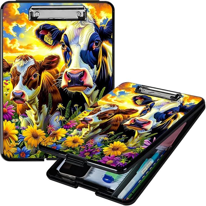 Purple Flower Cow A4 Clipboard with Storage Pen Holder, Clipboards Organizer Nursing Clipboard Foldable File Folder Plastic Clipboard Folio Clip Board for Office Students Classroom Doctor