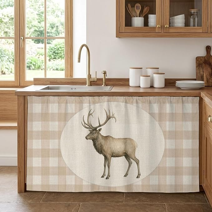 Majestic Buck Cabinet Curtains 28"x51" Sink Skirt for Bathroom Kitchen, Vintage Natural Buck Rustic Linen Plaid Self Stick Adhesive Under Desk Covers Tall Laundry Cabinet Storage Organizer