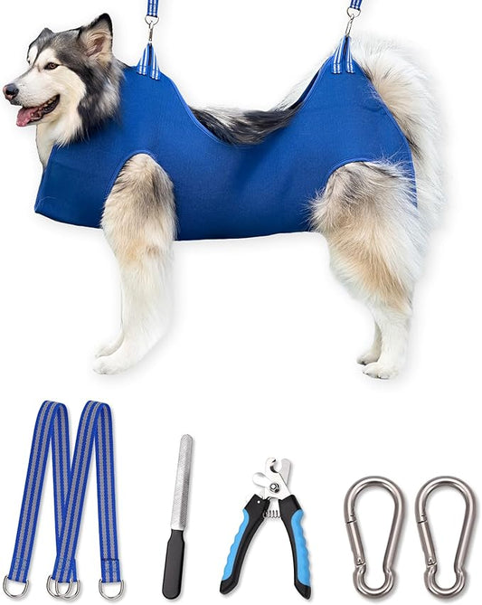 Kkiimatt 10 in 1 Dog Pet Grooming Hammock Harness with Nail Clippers/Trimmer, Nail File,Dog Nail Hammock, Dog Grooming Sling for Nail Trimming/Clipping (XXXL/Under 130lb, Blue)