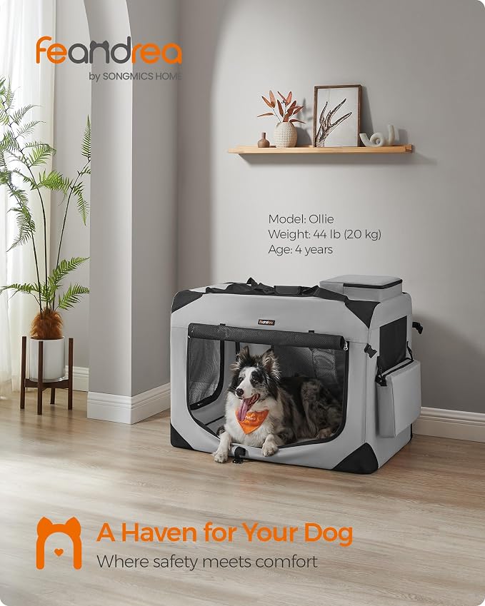 Feandrea Collapsible Soft Dog Crate, Portable Travel Carrier, 32 Inches | Dog Kennel with Safety Zippers, for Indoor and Outdoor Use, Smoke Gray, UPDC090G02