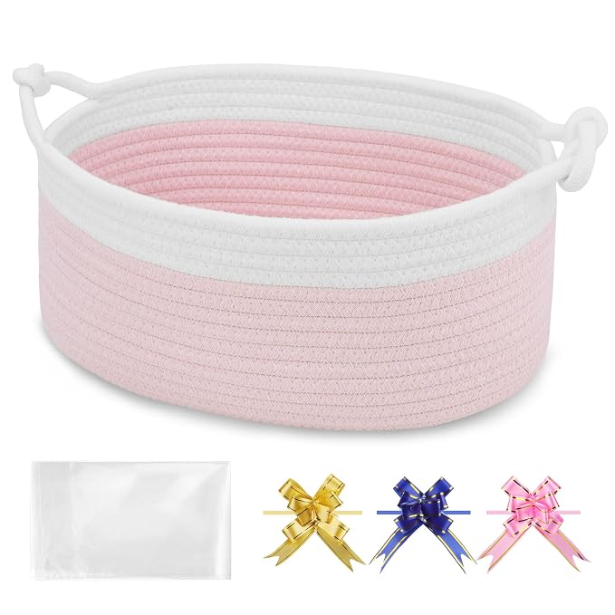 Small Empty Gift Basket with Bag & Ribbons, White & Light Pink | 12“x8”x5”, Cotton Rope Woven Basket for Birthdays, Baby Showers, Mother's Day, Christmas; Stores Small Items, Kids & Pet Toys