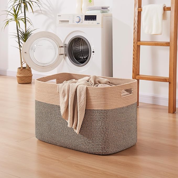 OIAHOMY 108L Extra Large Blanket Basket Dog Toy Basket Yellow | Rectangle Woven Baskets for Storage Cotton Rope Basket For Living Room Toy Storage Blanket Storage Laundry Basket