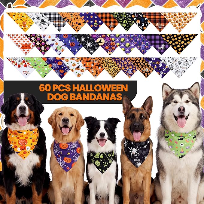 Sanwuta 60 Pcs Halloween Dog Bandanas Bulk Pet Bibs Scarf, Pumpkin Large | Adjustable Dog Bandanas, Triangle Scarf Holiday Pet Costume, Fits Small to Large Pet