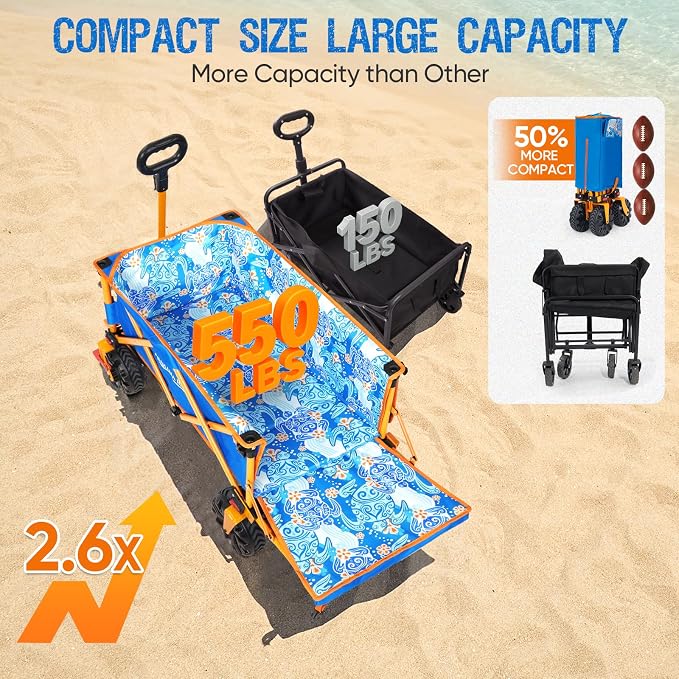 Old Bahama Bay 300lbs Extra Long 49" L Beach Wagon with Big Wheels with Brake for Sand, Collapsible Utility Beach Cart Heavy Duty Folding Wagon,Ideal for Outdoor Sand Camping Garden Pet