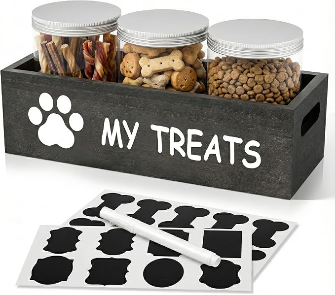 qeerable Dog Treat Container Airtight Storage Jars Set of 3 - Clear Plastic Pet Treat Canister with Lids - Dog Food Container for Countertop Organization (grey)