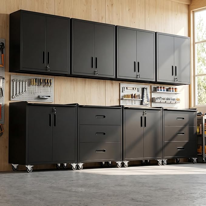 Garage Cabinet System | Heavy Duty Steel All-in-One Modular Garage Cabinet Set for Ultimate Workshop Organization | Easy Assembly Garage Storage Cabinets & Tool Bench