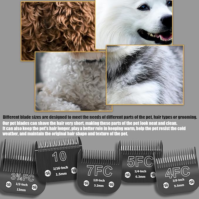 5 Pack Detachable Dog Grooming Steel Blades,Compatible with Andis,Oster A5,Wahl KM-10 Series,Cutting Length 1/16" to 1/2"(10+7FC+5FC+4FC+3-3/4FC-black)