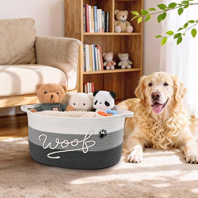 Woof Dog Toy Basket with Handles, Large Dog Toy Storage Bin with Paw Print, Woven Dog Basket for Blankets, Toys, Chews, Pet Toy Box for Nursery, Living Room, Bedroom, 20”x14”x9, Grey