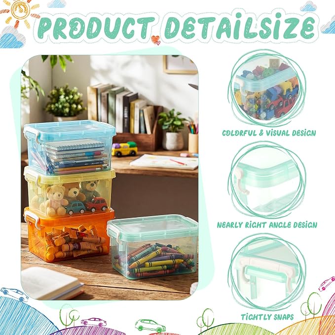 6 Pack Colorful Plastic Storage Bins with Lids 4 Quart Small Storage Latch Box Stackable and Nestable Clear Organizer Bins with Latching Handle and Buckle for Organizing (Pastel)