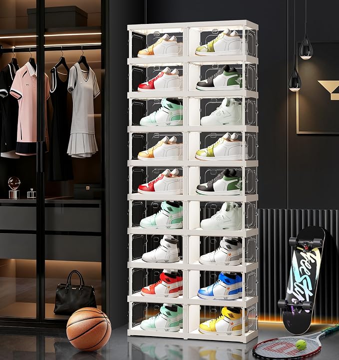 CIMLORD 9-Tier Foldable Shoe Rack Organizer, Magnetic Doors,18 Pairs,White | Collapsible Plastic Shoe Cabinet, 4-Sided Clear Doors, Stackable, Fits High Shoes&Sneakers, Easy Assembly, Closet, Cloakroom