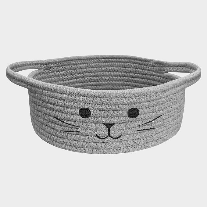 Small Cat Toy Basket, Gift Baskets Empty for Baby Shower,9.8" x 4" | Boo basket Cute Woven Rope Storage Basket for Home Decor, Baby Baskets for Nursery, Cat Pet toy box, Grey