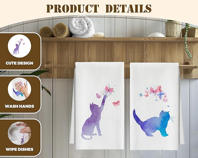 Kitchen Towels Set Of 2, Colorful Cat Dish Towel For Kitchen, Decorative Hand Towels For Bathroom, Fast Drying Tea Towel With Aesthetic Butterfly, Housewarming Gifts For Cat Lover Women Mom -B08