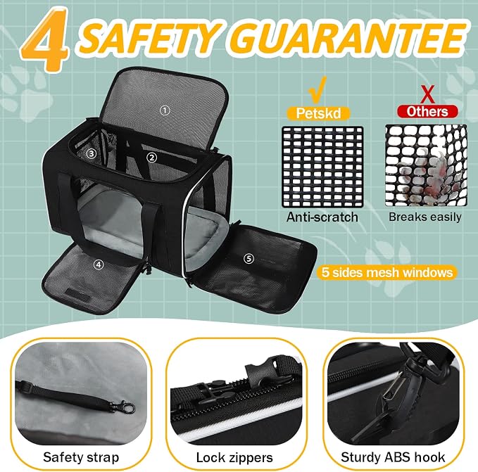 Small Pet Carrier 18" L x 11" W x 11" H Airline Approved, Black | for Delta/American/United Airlines, Lockable Safety Zippers and Anti-Scratch Mesh, Pets Under 10 lbs