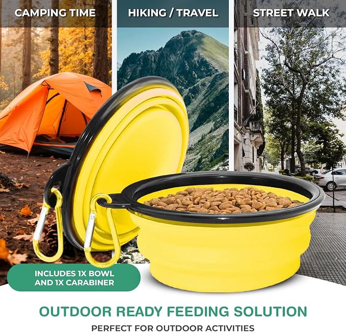 Collapsible Dog Water Bowls, Foldable Pet Feeding Dish, Yellow | Portable, Travel, Food Bowl, Dogs and Cats, Walking Hiking Camping, Carabiner, BPA Free