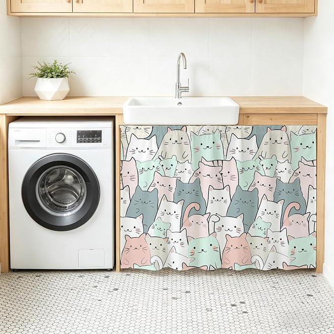 Cartoon Cat Sink Skirt 11"Wx13"L, Dustproof Under Sink Curtain with Self Adhesive Tape, Funny Cute Colorful Animal Pet Cabinet Curtain Cover for Bathroom Vanity, RV, Kitchen Cabinet Storage Shelf