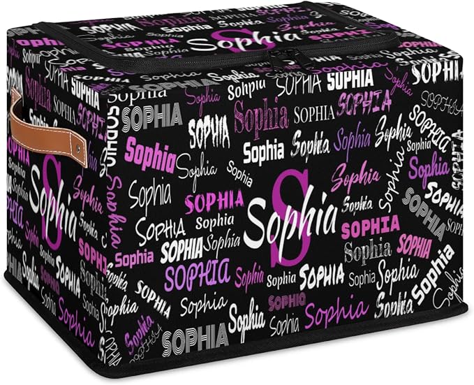 Custom Storage Baskets Named with Zipper Lid, Personalized Storage Bins Basket Boxes PU Handles for Clothes Bedroom Closet Organizing Toys Books Shelves, Black Background