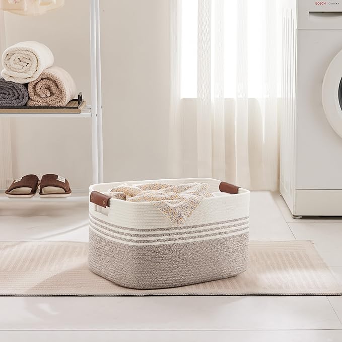 45L Small Woven Laundry Basket Hamper with Leather Handles,Brown | collapsible wicker hamper, storage for dirty clothes, toys, blankets, gifts, living room, bedroom, bathroom, 18"x14"x11"