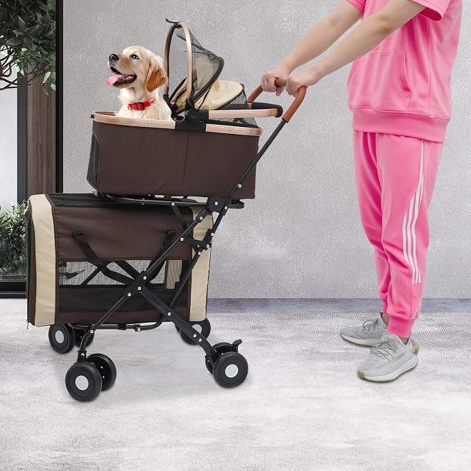 Double Dog Stroller for 2 Small & Medium Pets, Double Pet Stroller with Detachable Carriers, Foldable Dog Stroller for 2 Dogs, Two-Seater Carrier Dog Walk Jogger Travel Pet Carriage Cart (Coffee)