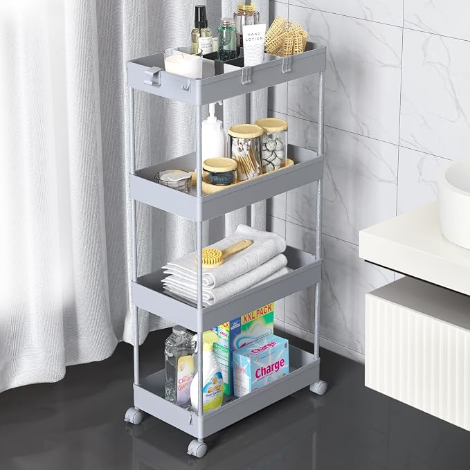 4 Tier Rolling Cart with Wheels, Storage Craft Art Trolley Organizer Serving, 3 Hanging Baskets Easy Assembly, for Office, Living Room, Kitchen
