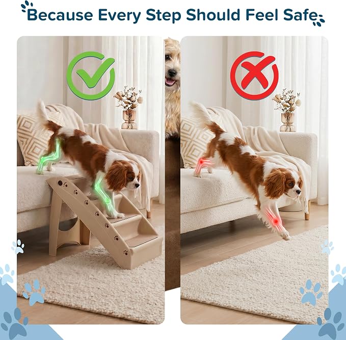 Pet Stairs - Home and Vehicle Foldable Nonslip Dog Steps with 4-Step Design - For Puppies, Kittens, and Other Small Pets by PETMAKER (Tan)
