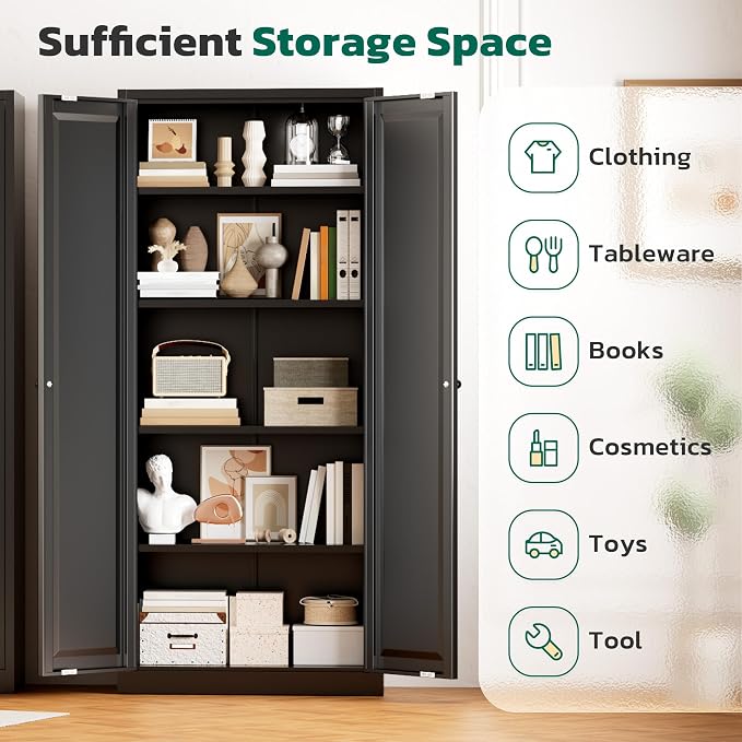 Greenvelly Metal Storage Cabinet, 63" H Black Metal Storage Cabinet with Doors and 4 Shelves, Lockable Steel Cabinets for Living Room, Office, School (Black - Modern)