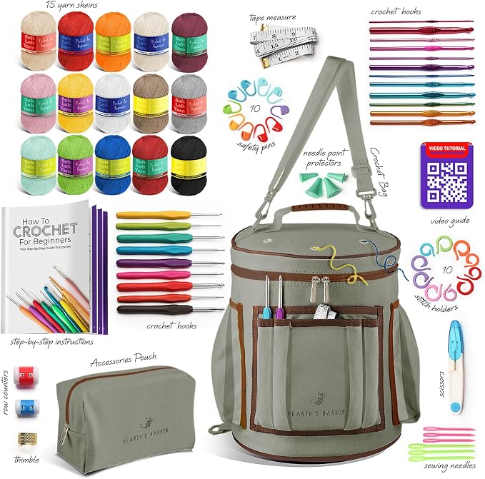 Crochet Kit for Beginners Adults and Kids - Beginner Crochet Kit for Adults with Step-by-Step Video Tutorials, Amigurumi and Crocheting Kit, Crochet Starter Kit with Soft Crochet Yarn and Crochet Bag