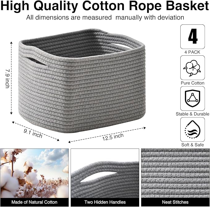 ICERZCZ Small Storage Baskets for Shelves Organizing, Woven Cotton Rope Baskets for Storage, Book Basket, Decorative Shelf Basket, 12.5"Lx9.1''Wx7.9''H (4 Packs) Grey