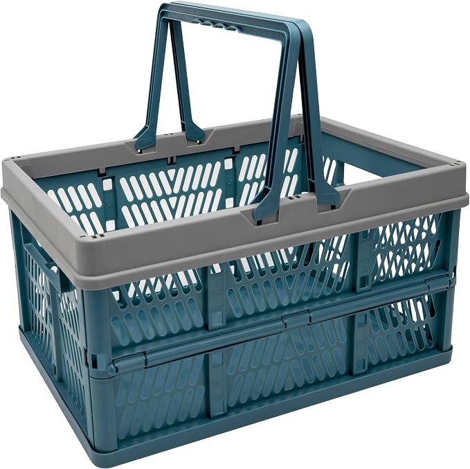 VALESKA 17" Plastic Milk Crate (Deepblue),33L Collapsible Crates for Storage, Foldable Collapsible Shopping Basket with Handles,Car Trunk Basket,for Kitchen