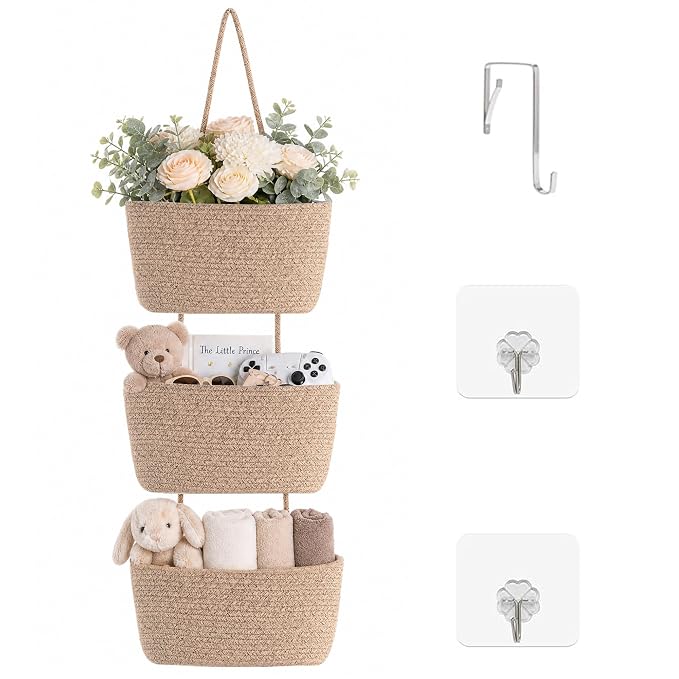 ICERZCZ Hanging Baskets for Organizing, Over the Door Decorative Storage Organizer, Nursery Decor Organization, 3-Tier Wall Basket for Entryway Playroom Bathroom Closet, Mixed Brown