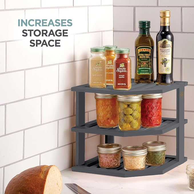 Grey Plate Organizer for Cabinet - 3 Tier Gray Bamboo Corner Cabinet Organizer Shelf for Plates Bowls Mugs Cups, Kitchen Cabinet Organizer, Cabinet Shelf Organizer, Countertop Rack, 10 x 10 x 9.5 Gray