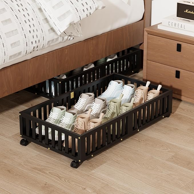 Under Bed Storage with Wheels, 2 Pcs Bamboo Drawers for Clothes and Toy | 360° wheels glide smoothly, Sturdy bamboo frames hold clothes, shoes, bedding and toys. Easy pullout access keeps rooms tidy