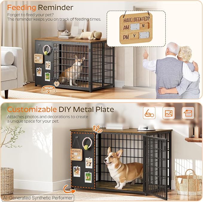 YATINEY Foldable Dog Crate Furniture, Dog Crate with DIY Frame, Heavy Duty Dog Kennel Indoor with Hooks, Wooden Dog Cage End Table, for Small/Medium Dogs, Rustic Brown and Black DC95BR