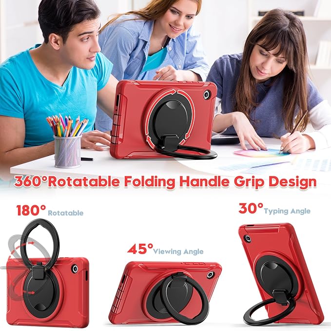 Heavy Duty Shockproof Case for Samsung Galaxy Tab A11 8.7 Inch 2025 (Model: SM-X133/X135/X135F) - with 360° Rotating Stand Handle, Built-in Screen Protector,Kid-Friendly Protective Cover (Red)