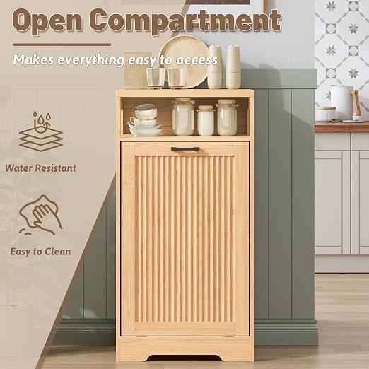 13 Gallon Tilt Out Trash Can Cabinet with Open Shelf & Storage - Pet Proof Hidden Recycling Cabinet & Wooden Laundry Hamper for Kitchen, Bathroom, Living Room,Natural Wood