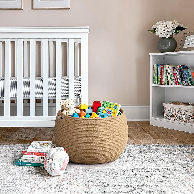 Goodpick Large Toy Storage Basket for Kids, Round, 15.7" x 10.5", Camel | Woven Rope Basket with Handles, Holds Blankets, Toys & Baby Shower, Decorative Basket for Living Room & Bedroom Décor