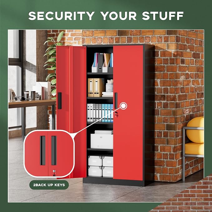 Greenvelly Metal Storage Cabinet,72" Locking Metal Garage Storage Cabinet with Doors and 4 Adjustable Shelves, Lockable Steel Cabinet for Home Office, Garage, Shop, School (Red 32" W x 16" D)