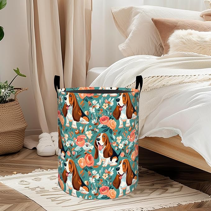 Basset Hound Dog Floral Laundry Basket, Oxford Cloth Playful Dirty Clothes Collapsible Hamper for Room Decor, Puppy and Flower Print Gifts Toy Organizer 19.7*15.7 Inch for Bedroom Bathroom Dorm