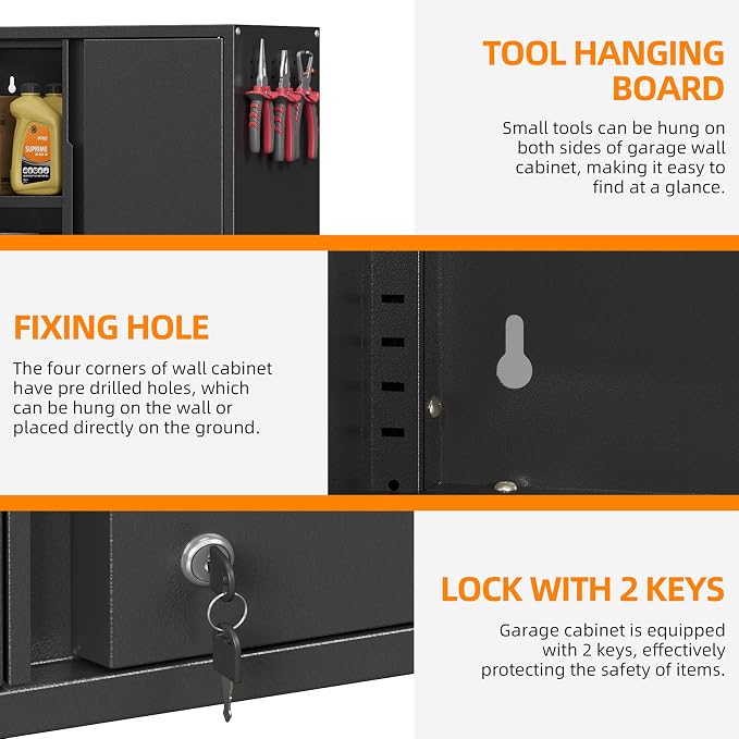 Garage Wall Cabinet with 2 Doors, Metal Wall Cabinet with Lock | 26''H Wall Mounted Cabinet, Lockable Floating Tool Cabinet, Steel Storage Cabinet for Kitchen,Office,Garage,Laundry,Warehouse