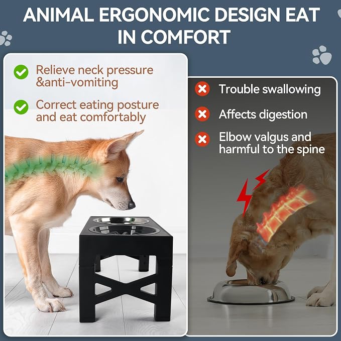 PAWISE Elevated Dog Bowls, 5 Height Adjustable Raised Dog Bowl Stand with 1 Slow Feeder Bowl & 2 Stainless Steel Bowls, Non-Slip Dog Feeding Station for Large, Medium, Small Dogs and Cats, Black