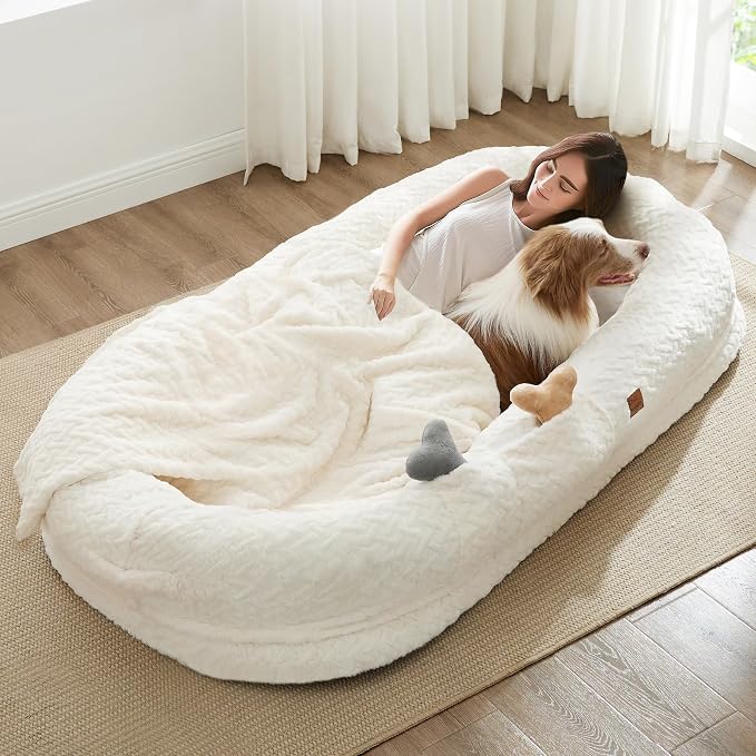 ChiXnuggle Orthopedic Human Dog Bed,with Faux Fur Washable Cover,Blanket | white,72*40*10,giant dog bed for adult or extra large dogs,egg crate foam,non-slip bottom