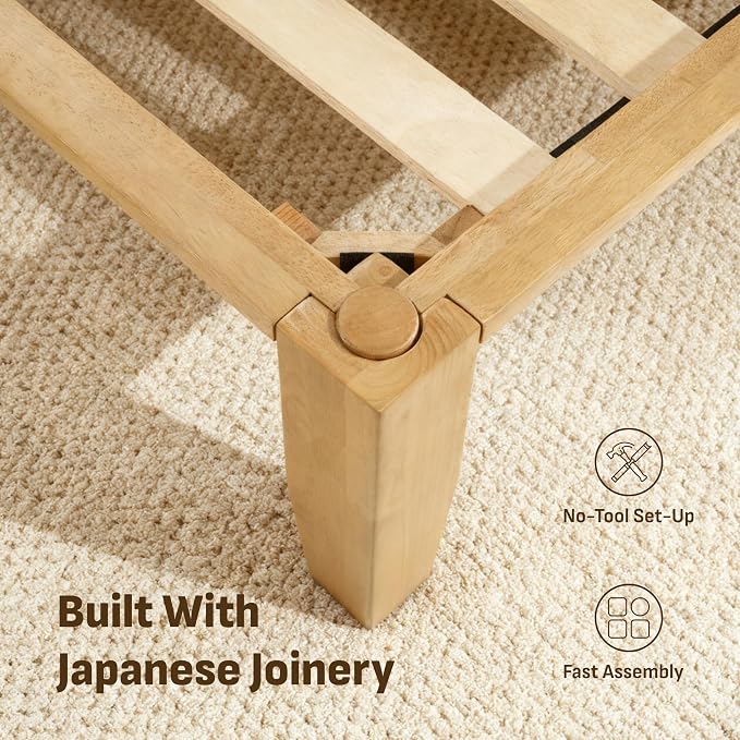 Softa Mikor Queen Japanese Joinery Bed Frame with Headboard, Solid Rubberwood Platform Bed, 1500 Lbs Heavy Duty, SGS Certified, No-Tool Setup, Storage Shelf, USB-A/C Port, No Box Spring Needed