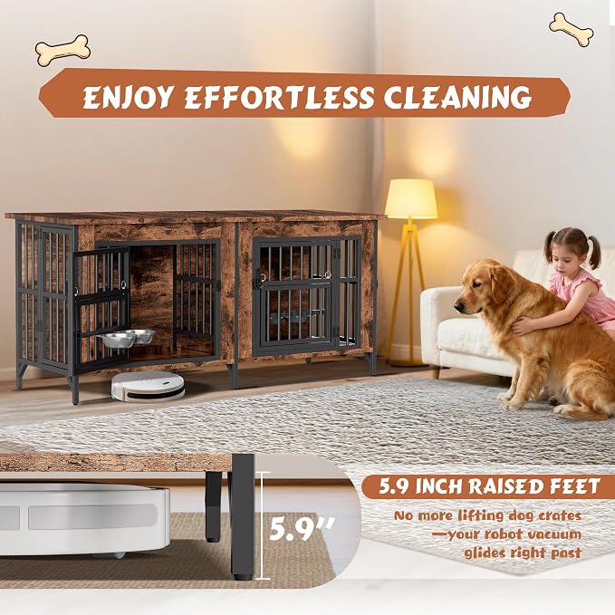 63'' Double Dog Crate Furniture, Wooden Dog Kennel with Removable Divider for 2 Dogs, XL Dog House Indoor with Rotating Bowl Holders, Heavy Duty Dog Crate TV Stand (62.9"L x 23.6"W x 27.9"H)